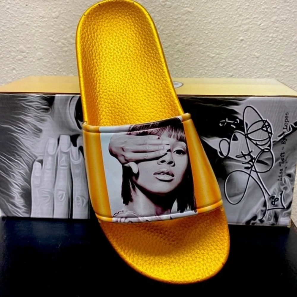 TLC Left-Eye Gold Slides - Cross Colours NWT
